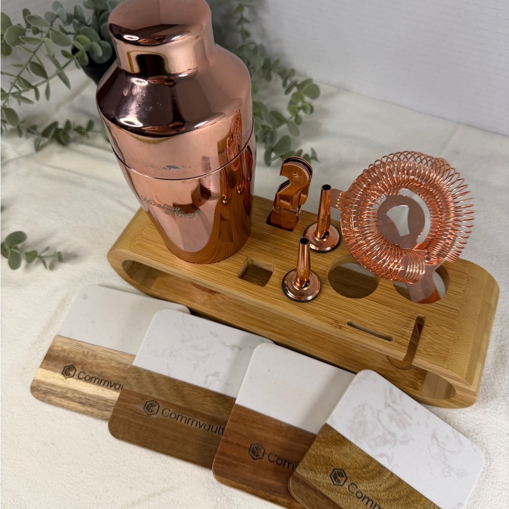 Rose Gold Cocktail Shaker‎ Bar Set w/ Bamboo Stand, Strainer & 4 Coasters